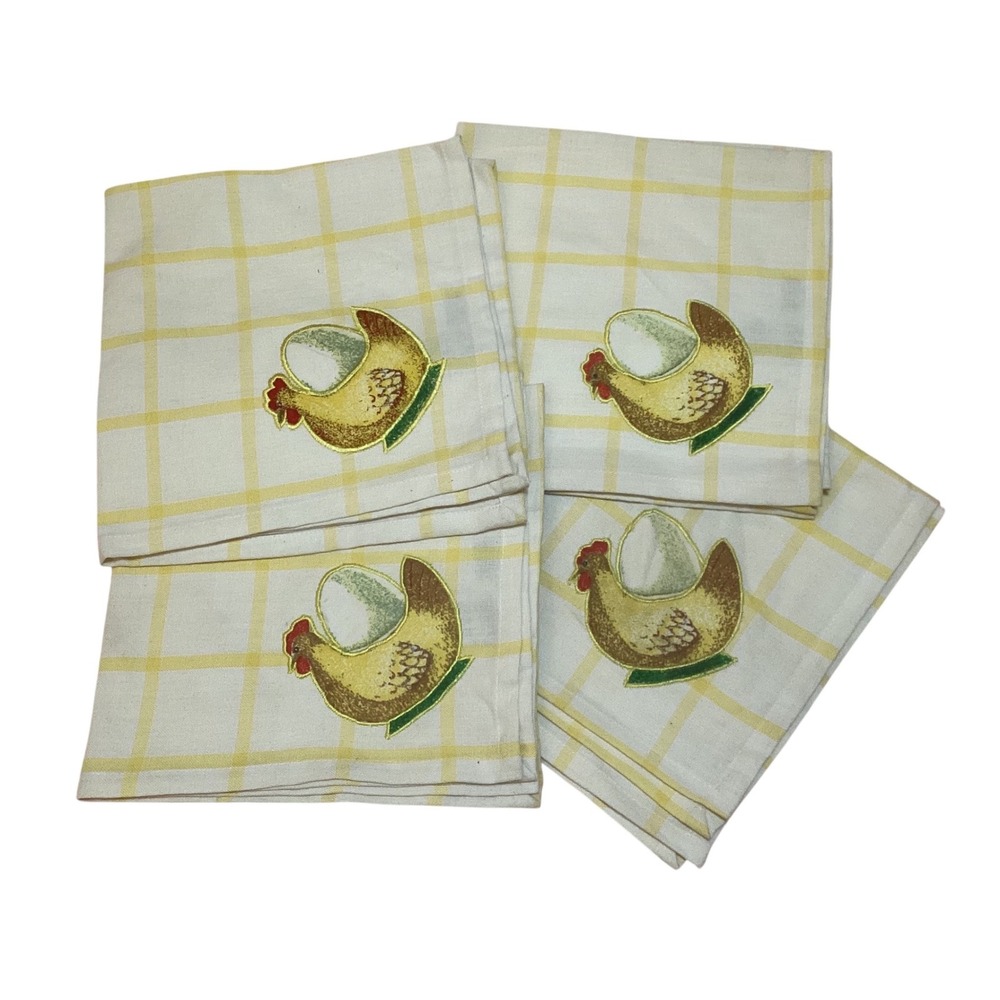 Dept 56 Sunday Brunch Cotton Napkins Set of 4 Yellow Plaid Hen Embroidered 18x18
